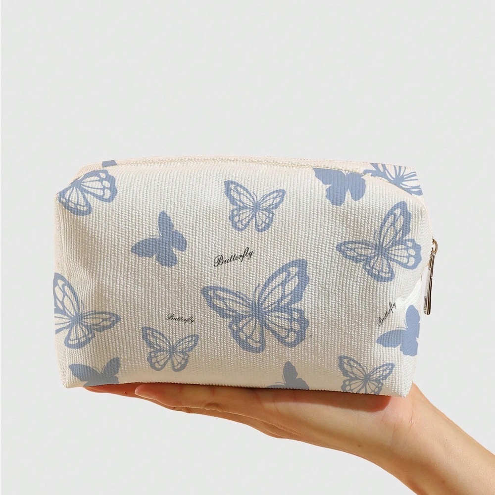 Butterfly Print Cosmetic Bag - Blue on Cream